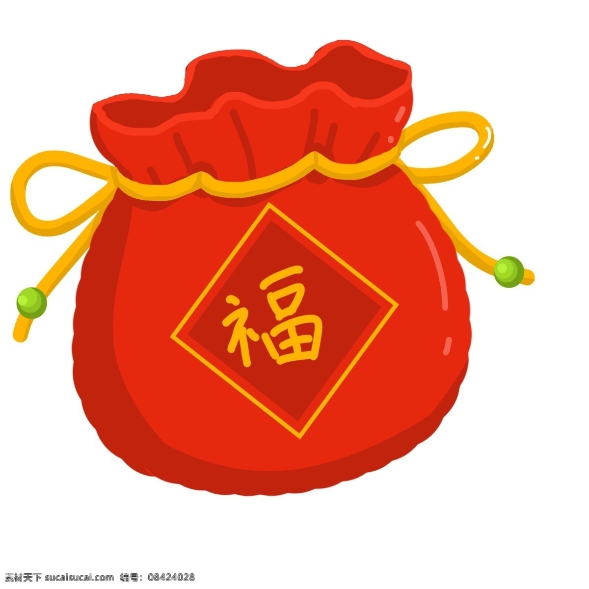 贺 新年 红色 福字 福 袋 贺新年福袋 黄色的绳子 拉绳 绿色透亮珠子 黄色福字 福袋插画 手绘福袋