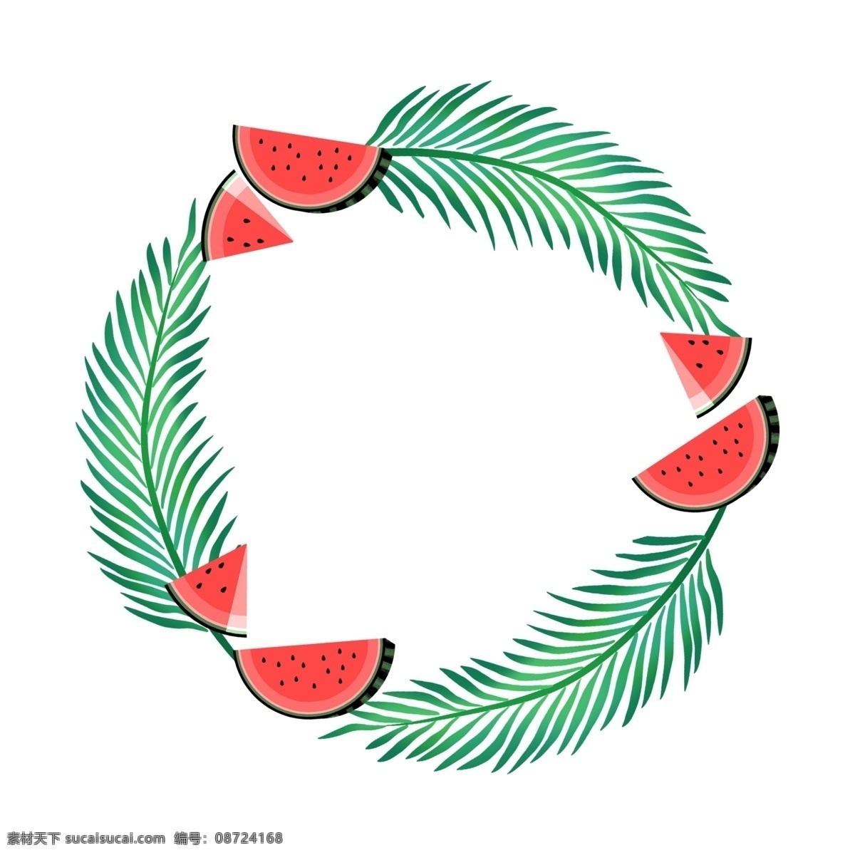 西瓜 棕榈 叶 圆形 边框 水果 夏季 小清新 绿色 红色 叶子 圆形边框 文本框 西瓜边框