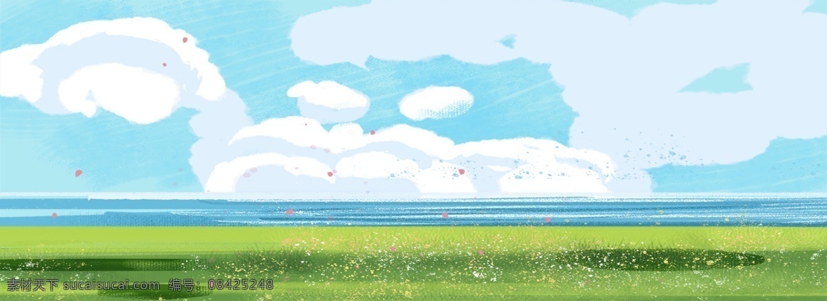 蓝色 天空 草地 免 抠 图 绿色草地 卡通图案 卡通插画 天空白云 时尚云彩 蓝天 植物 叶子 免抠图