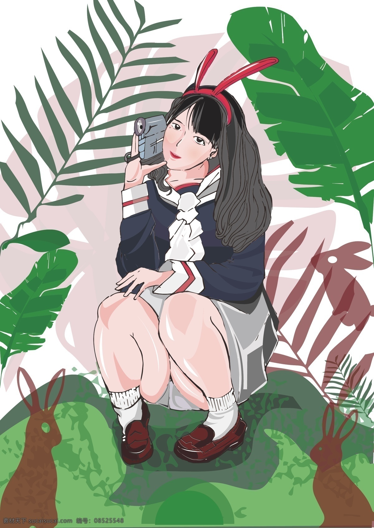 照相机 兔 耳朵 女生 兔子 学生少女 绿植 芭蕉叶 兔子女生