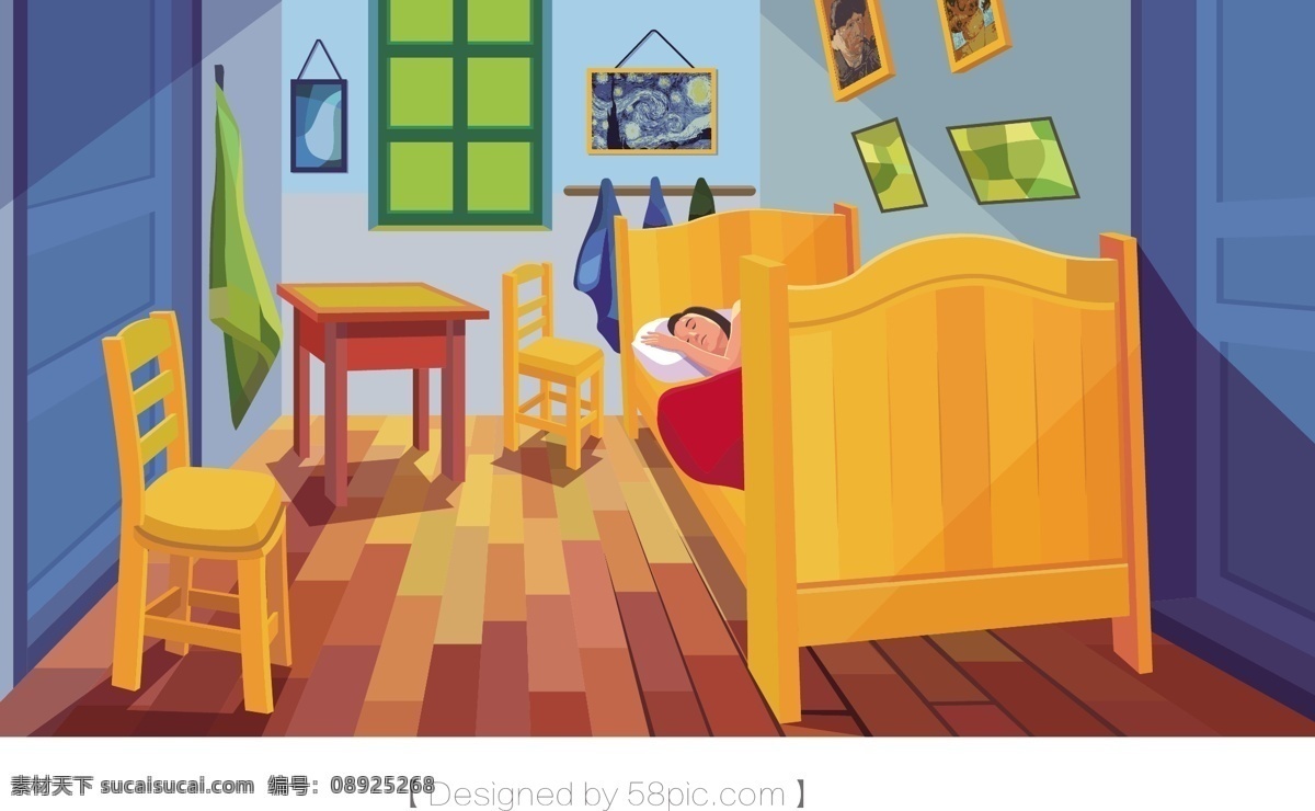 晚安 你好 主题 创意 矢量 插画 晚安你好 晚安主题 治愈 治愈系 治愈插画 房间 梵高 夜晚 睡觉 矢量插画 扁平风格 扁平化 叙事性插画 生活插画 居家插画