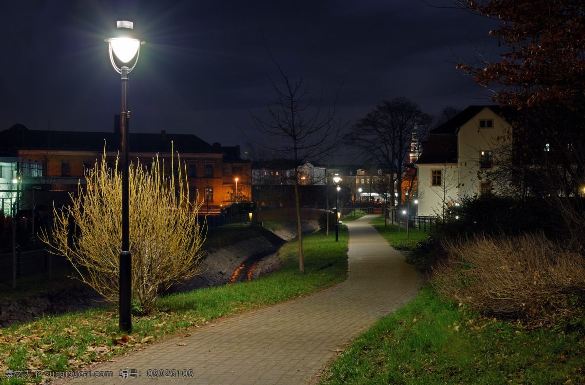 德国 茨维考 夜景 zwickau 人行道 乡村 村庄 路灯 自然景观 建筑景观 摄影图库