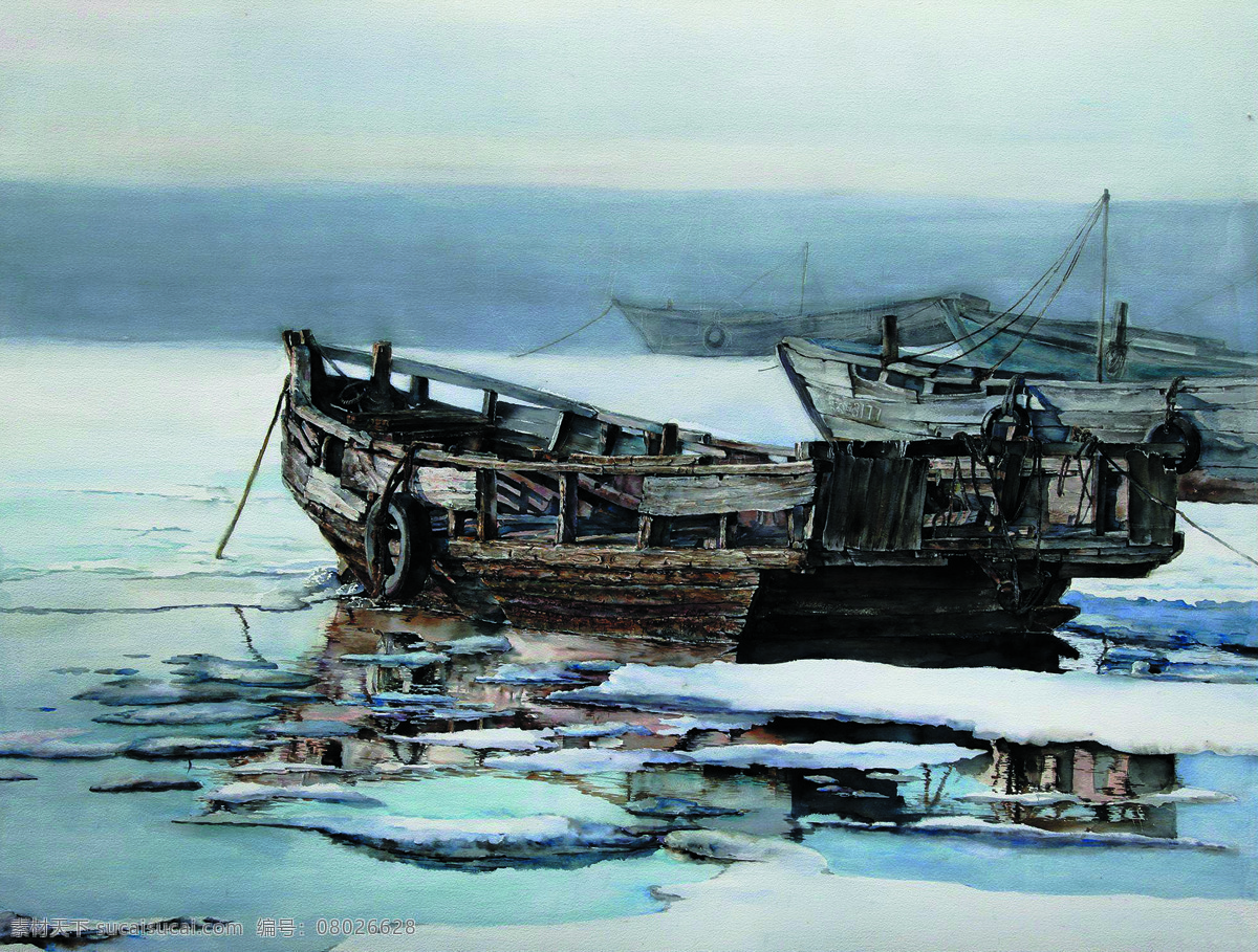 江上旧木船 美术 油画 风景 江流 木船 破船 江滩 油画作品82 文化艺术 绘画书法