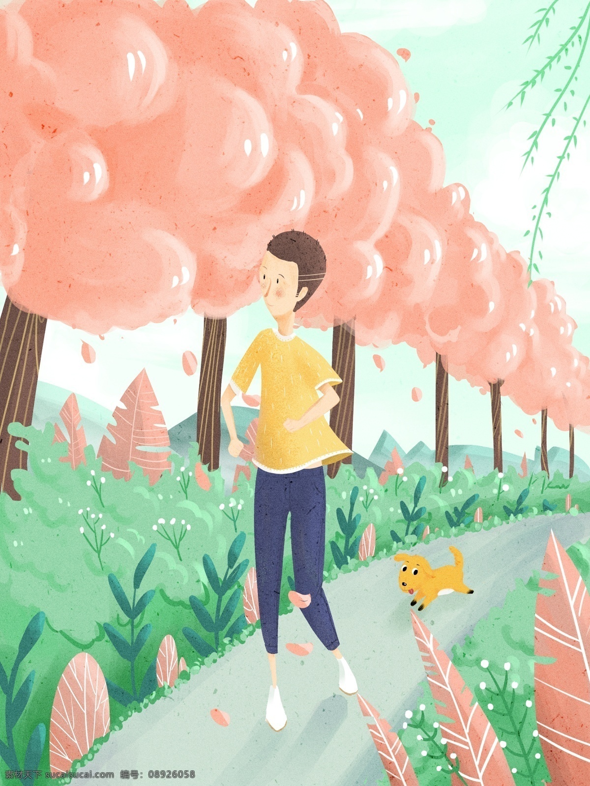 清新 你好 早安 正 能量 晨 跑 唯美 插画 你好早安插画 小清新 晨跑插画 浪漫 正能量插画 肌理插画