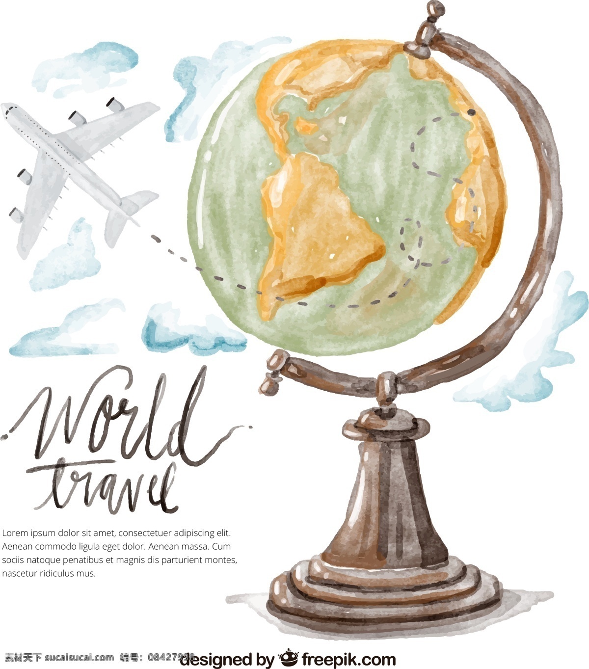 水彩 绘 环球 旅行 地球仪 矢量 云朵 轨迹 环球旅行 飞机 航班