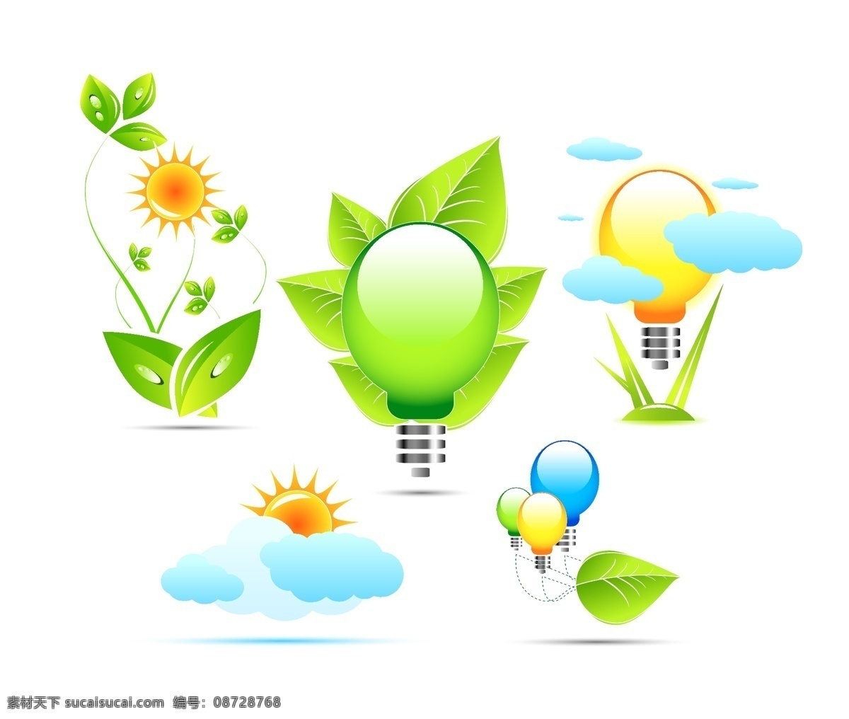 绿色环保 促销 灯泡 环保 气球 树叶 太阳 云彩 绿色环保促销 循环使用 矢量图