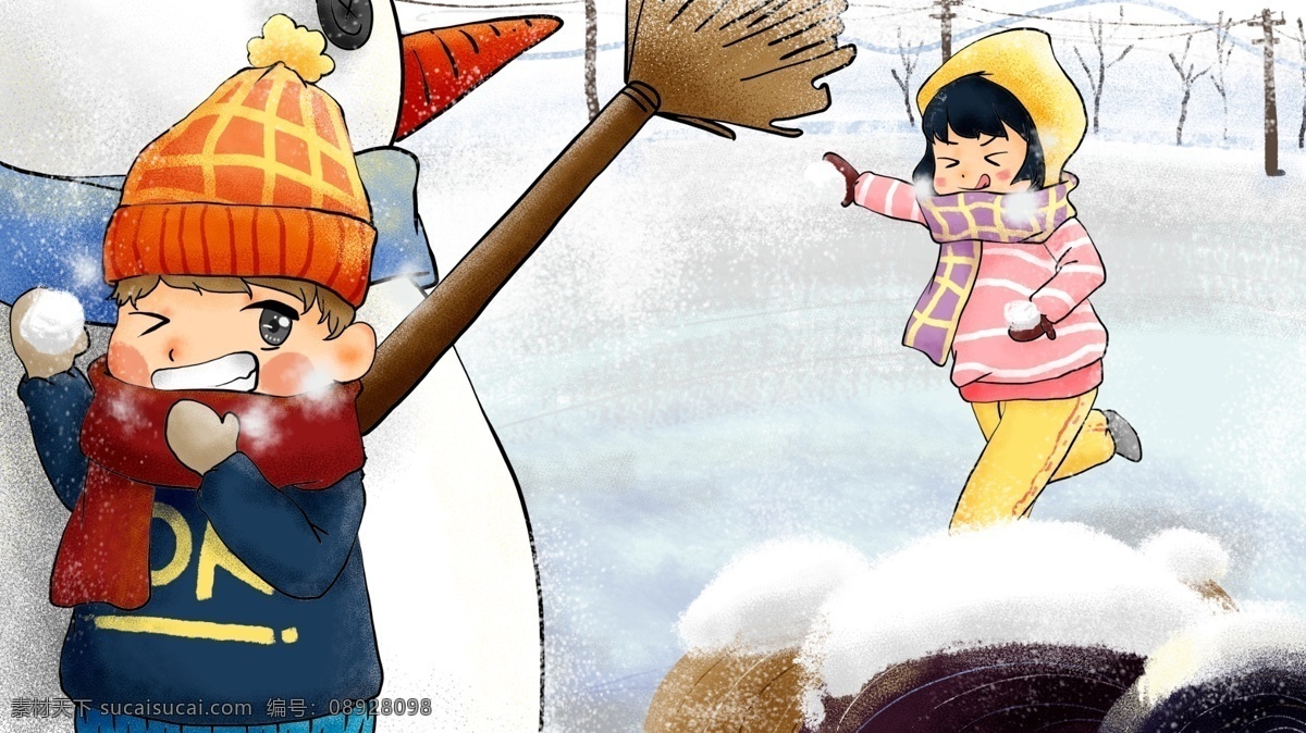 漫 画风 打雪仗 两 小伙伴 冬季 玩耍 雪地 雪景 雪人 两小无猜 小 清新 插画