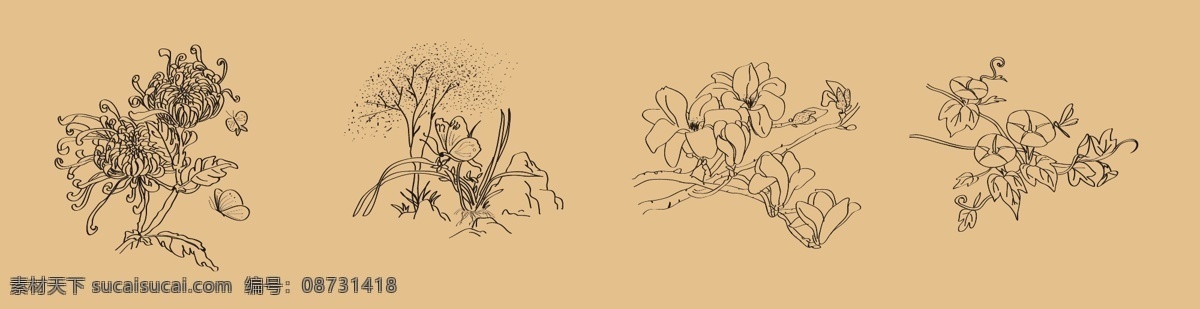 简笔花卉 简笔画 线描花 屏风 扇子 家具 花朵 花卉 文化艺术 绘画书法