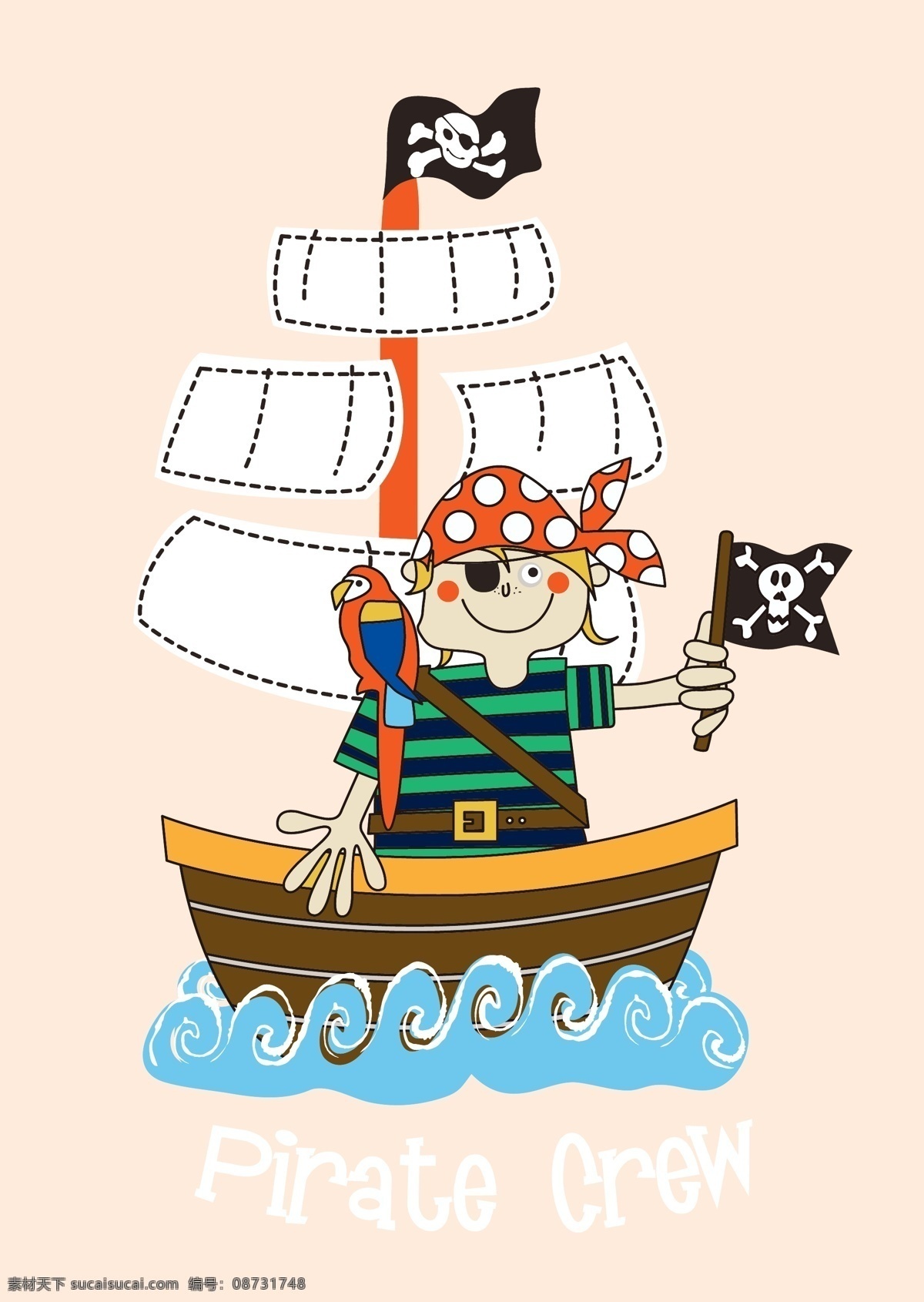 海盗 海盗船长 轮船 帆船 旗帜 浪花 波浪 卡通画 卡通插画 时尚插画 儿童插画 矢量 背景底纹 矢量素材 其他矢量