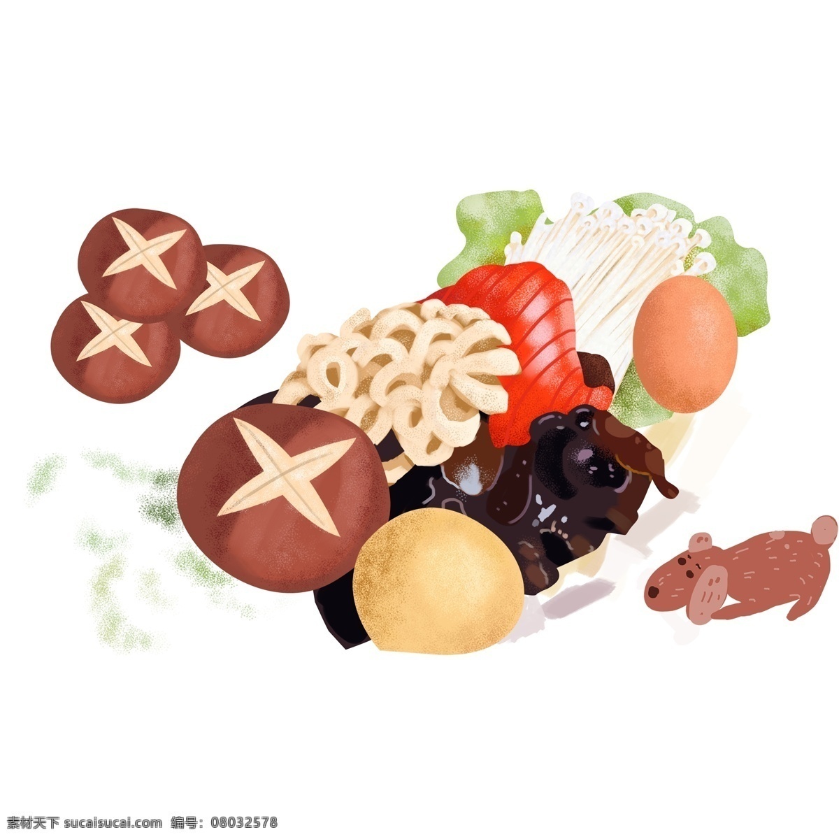 手绘 堆 蔬菜 美食 卡通 插画 蘑菇 火锅食材 木耳