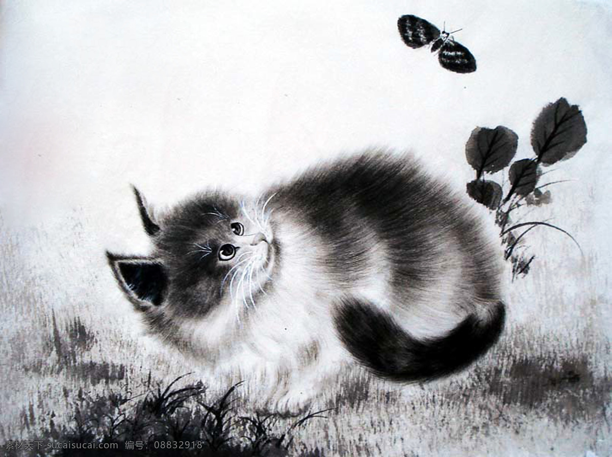 动漫动画 国画风格 国画猫 国画效果 黑 黑色背景 猫 猫猫 猫咪 其他图片 小猫斗趣 蛾 水墨 水墨画 水墨效果 设计图 卡通 动漫 可爱