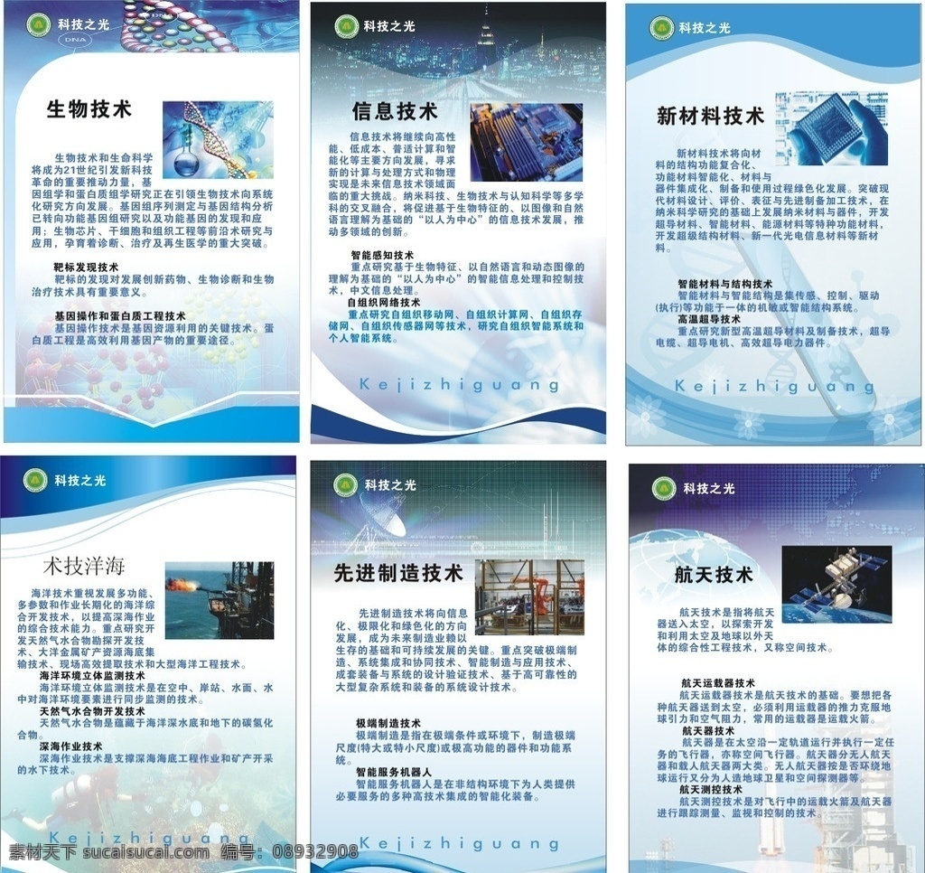 生物科技展板 海报 蓝色 科技 线条 生物技术 航天技术 信息技术 海洋技术 球体 链接 科技之光 矢量