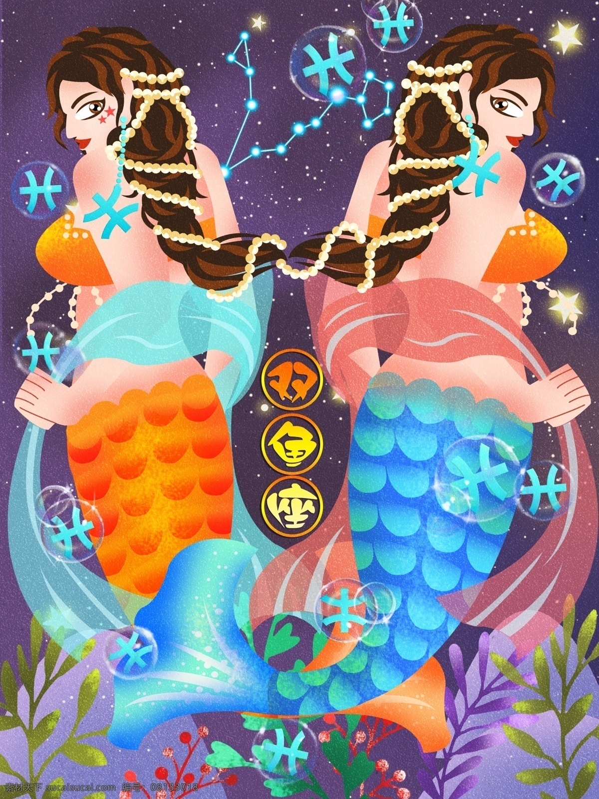 十二星座 双鱼座 美人鱼 珍珠 植物 流星 插画