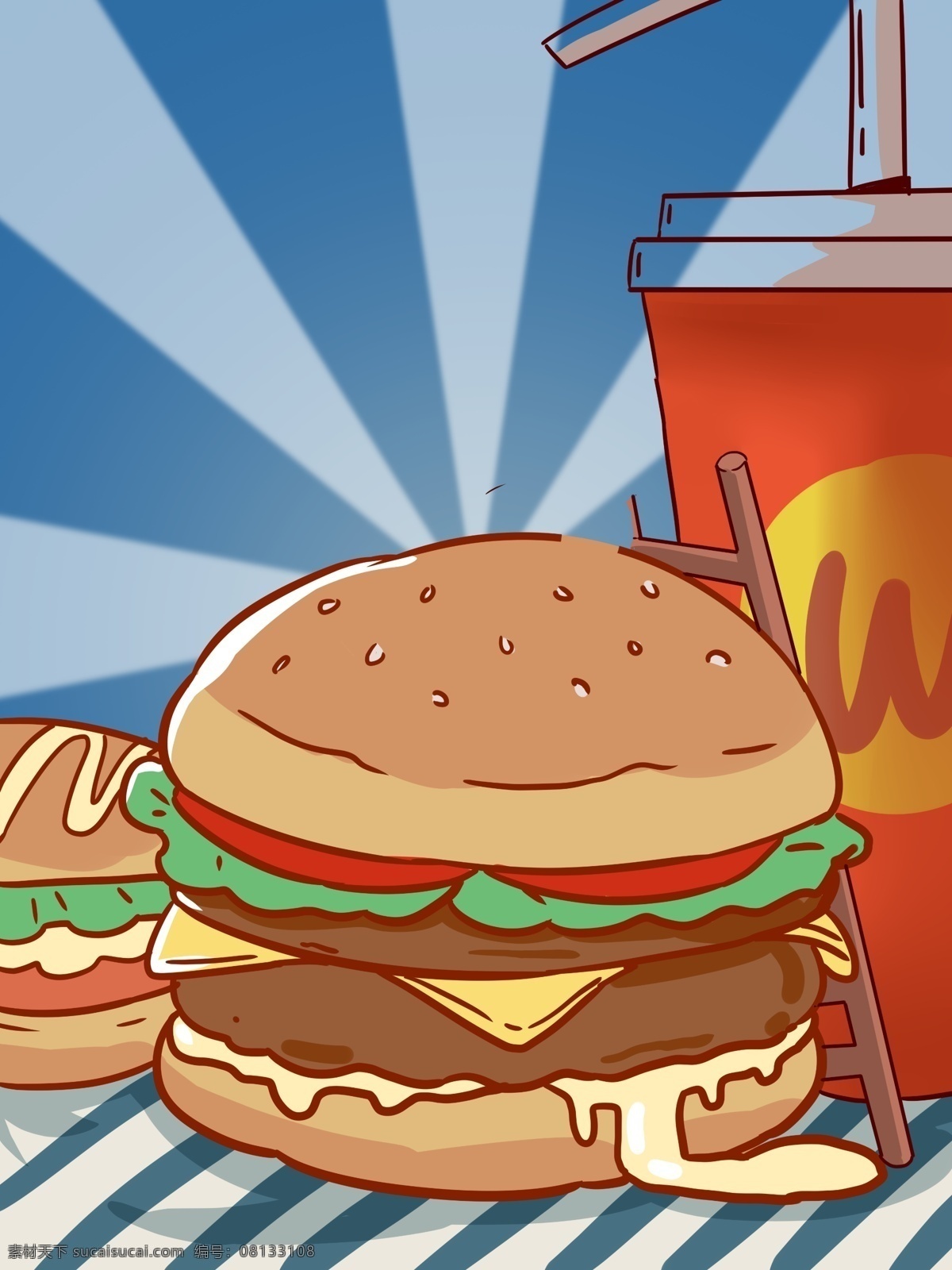 蓝色 清新 手绘 美味 汉堡 插画 背景 蓝色背景 清新背景 手绘背景 卡通背景 可乐 通用背景 美味背景 汉堡背景 放射背景