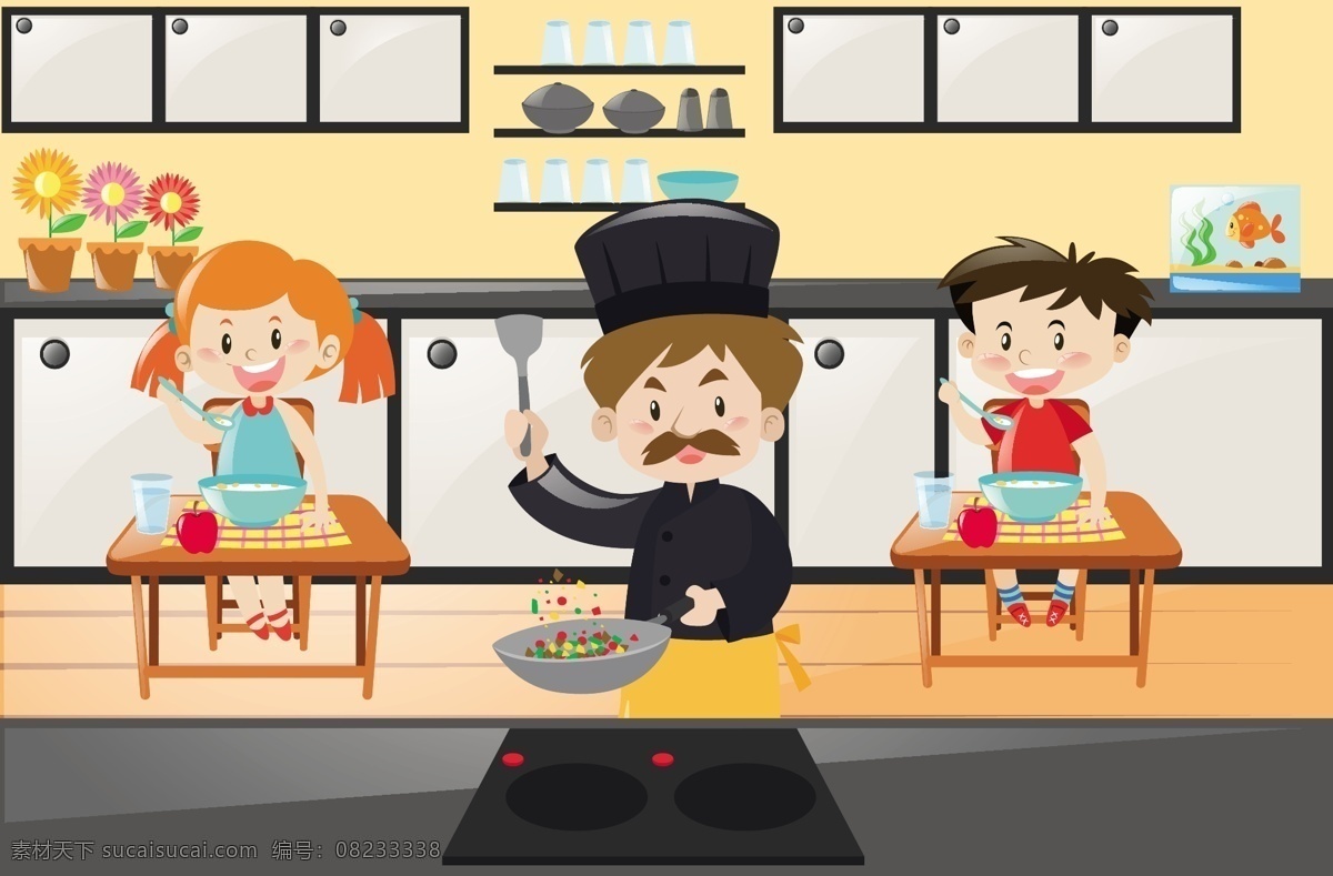 厨师 孩子 吃 背景 儿童 厨房 墙纸 色彩 烹饪 男孩 丰富多彩 饮食 背景颜色 厨师厨师 有色