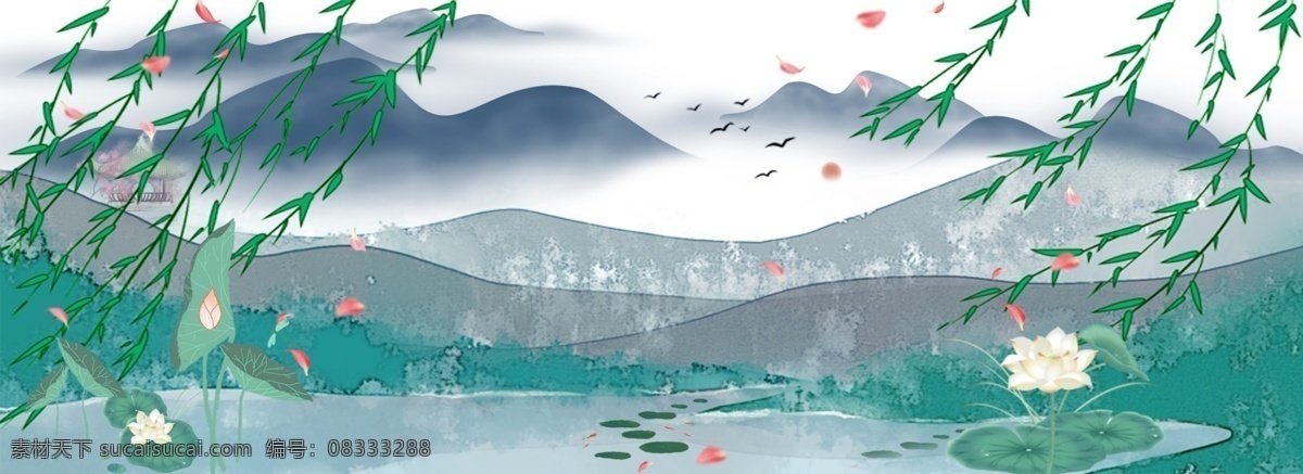 立夏 唯美 banner 图 叶子 池塘 荷花 花瓣 远山 国风 意境 节气