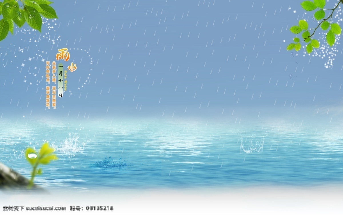 雨水节气 雨水 水花 雨点 波纹 水珠 树叶 星星 气泡 分层 源文件