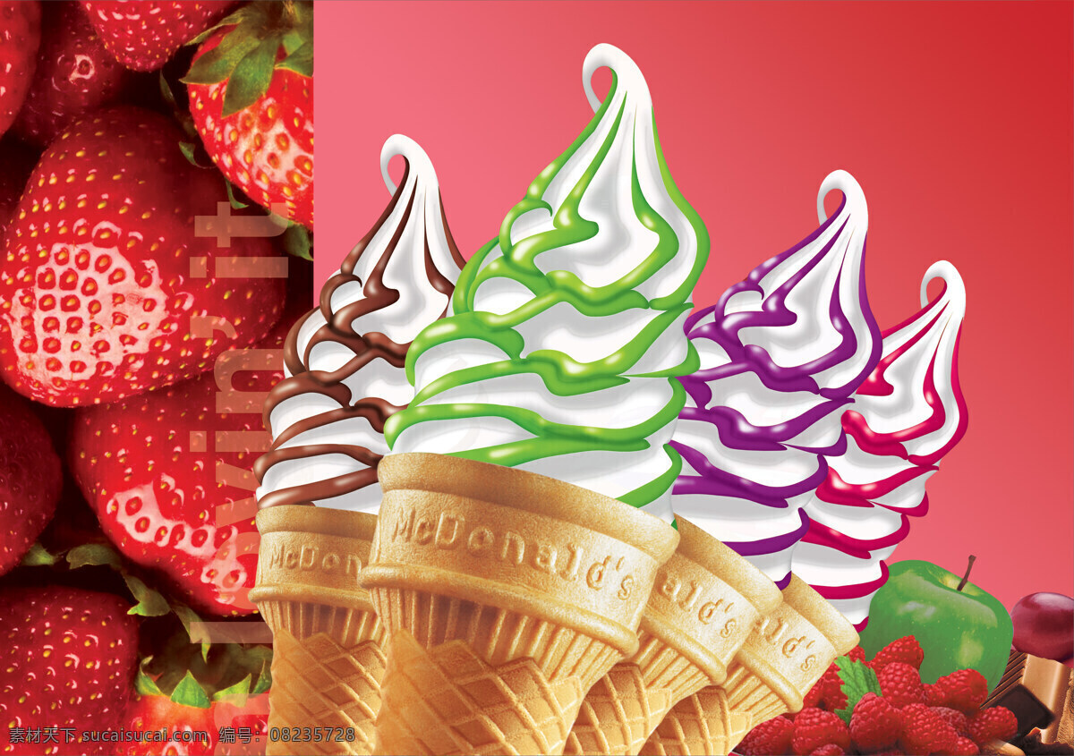 草莓 甜筒 苹果 巧克力 冰淇淋 广告 招贴 设计素材 广告招贴 海报招贴 平面设计 红色