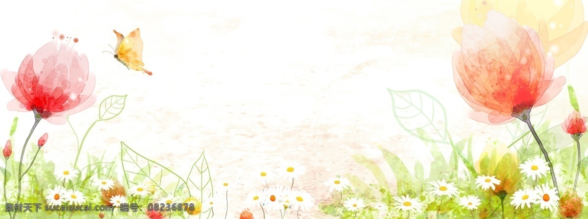 水墨 花 唯美 清新 背景 banner 蝴蝶 树叶 水墨花 花丛 白色