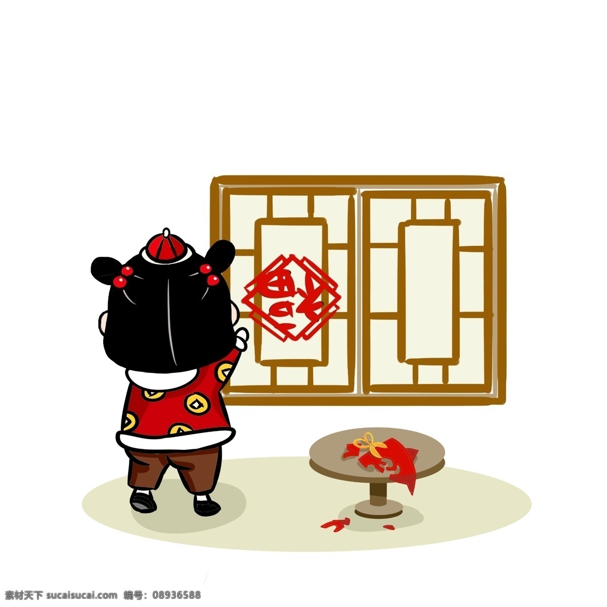 福娃 贴 窗花 手绘 卡通 人物 彩色 装饰 平面设计 原创 透明底 免抠 节日 海报装饰 清新 通用 新年2019