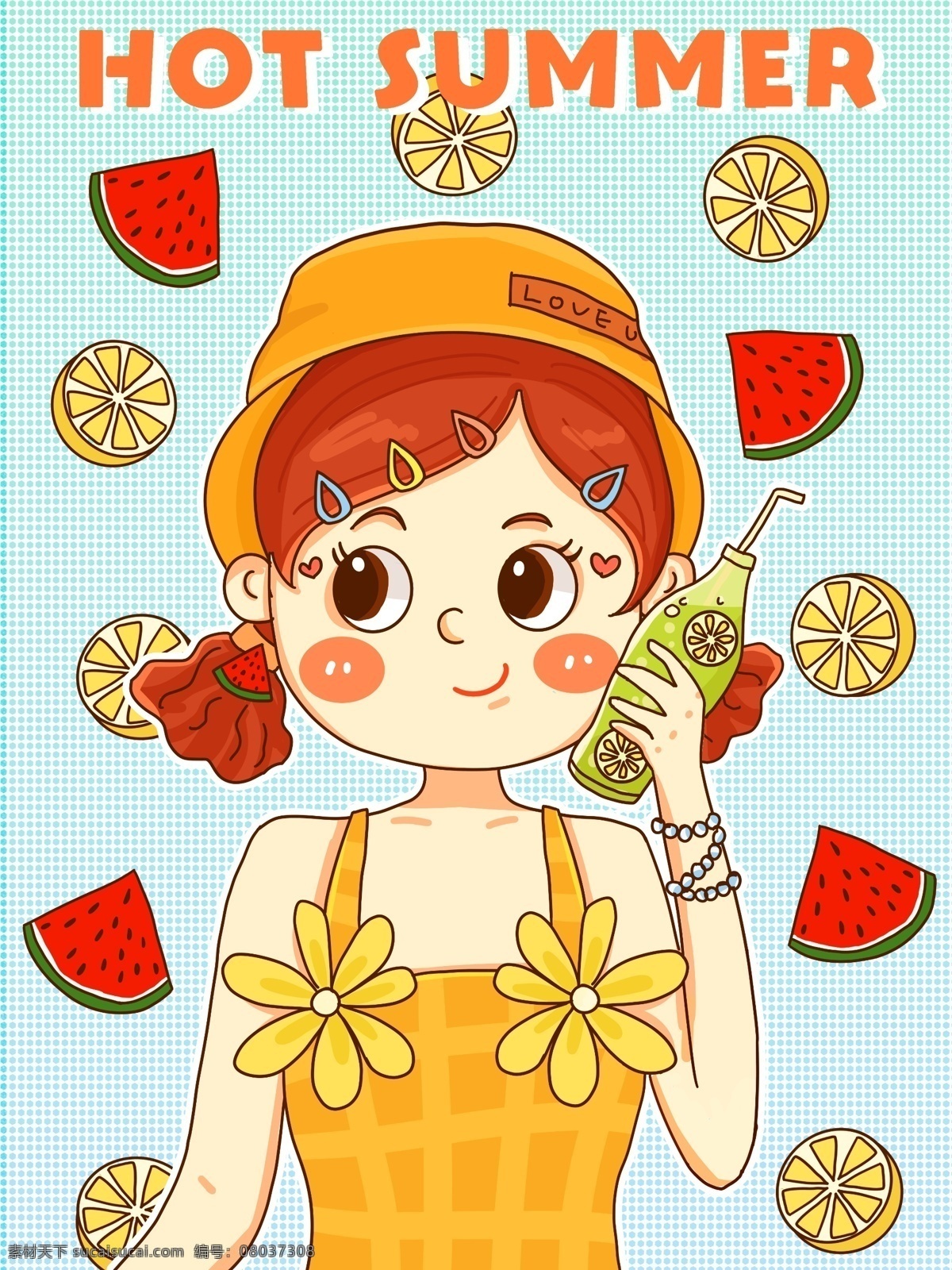 你好 夏天 小女孩 水果 汽水 卡通 插画 西瓜 柠檬 卡通插画 可爱 小清新