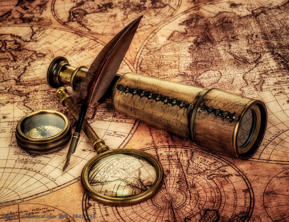 地图 上 航海 工具 放大镜 指南针 怀表 航海工具 怀旧地图 环球旅行 导航 地图图片 生活百科
