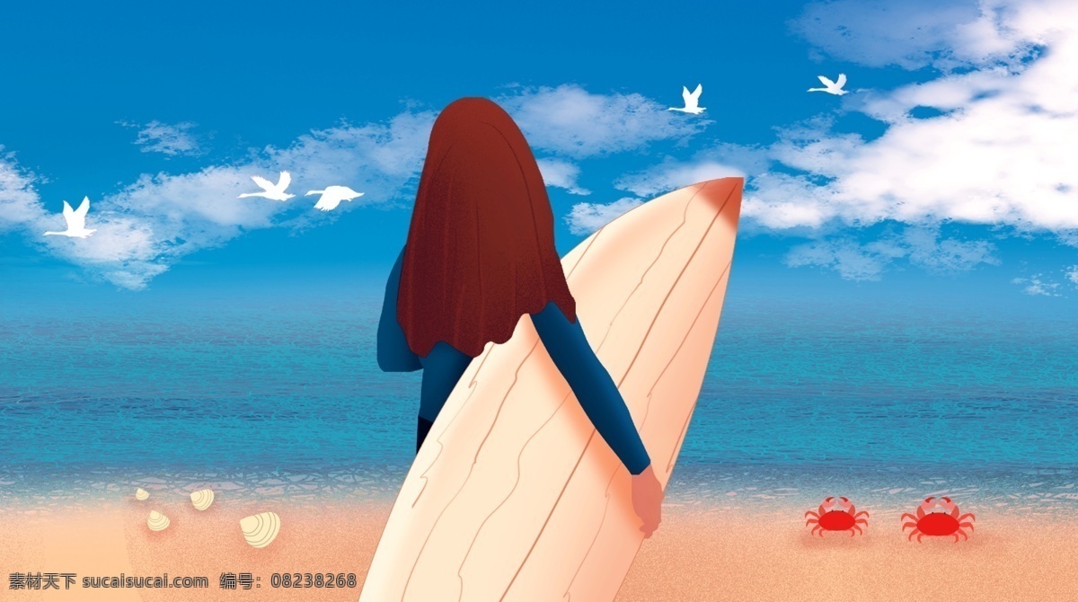 早上 你好 冲浪 女孩 大海 蓝天 白云 沙滩 治愈 螃蟹 贝壳