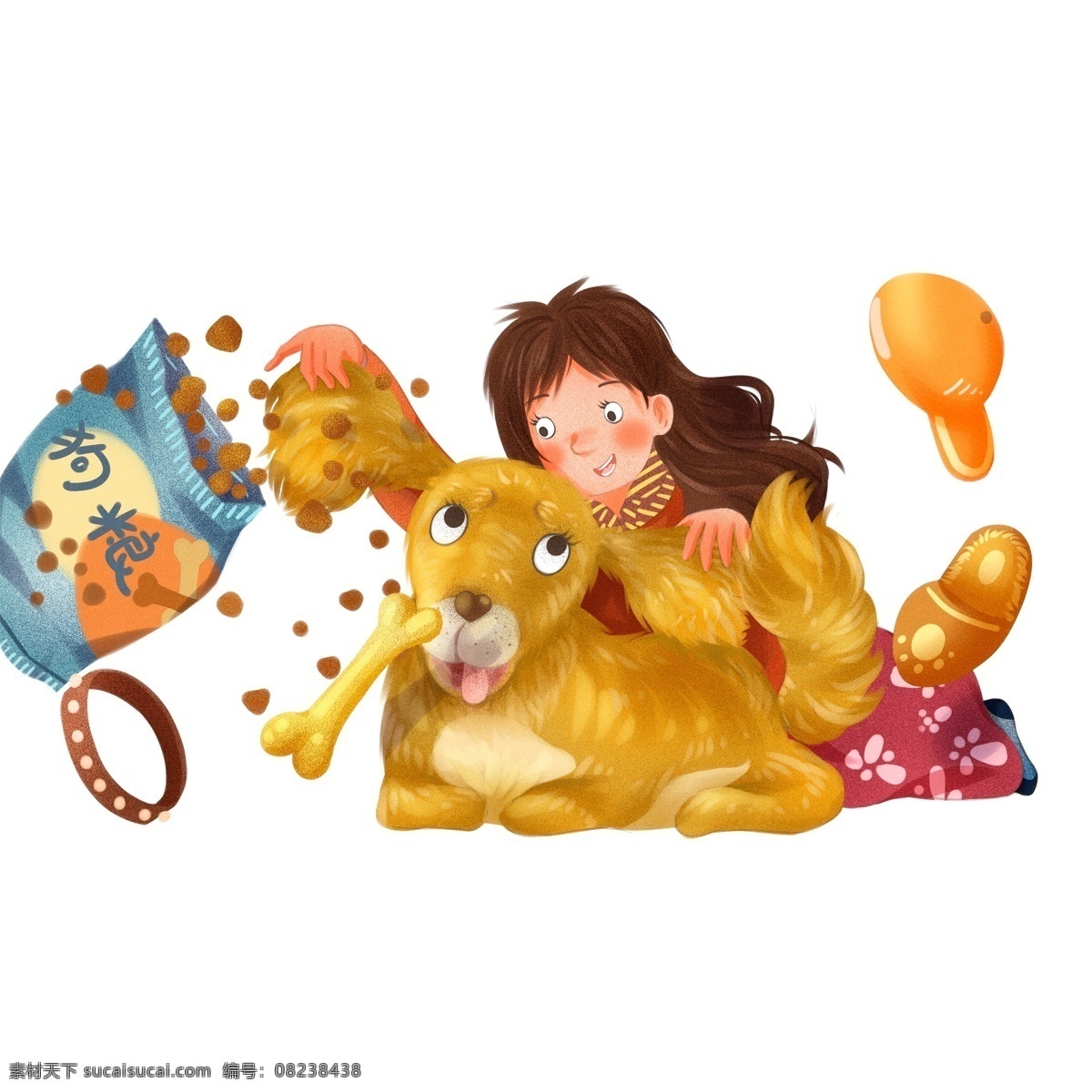 手绘 复古 小女孩 宠物狗 插画 小女生 萌宠 小狗 狗粮
