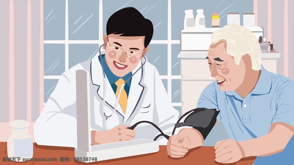 医生 老人 量 血压 医疗 健康 插画 血压器 听诊器 医疗插画