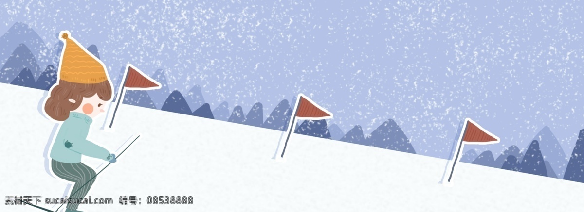 手绘 滑雪 女孩 banner 背景 冬季 雪山 雪景 运动 冬天 室外