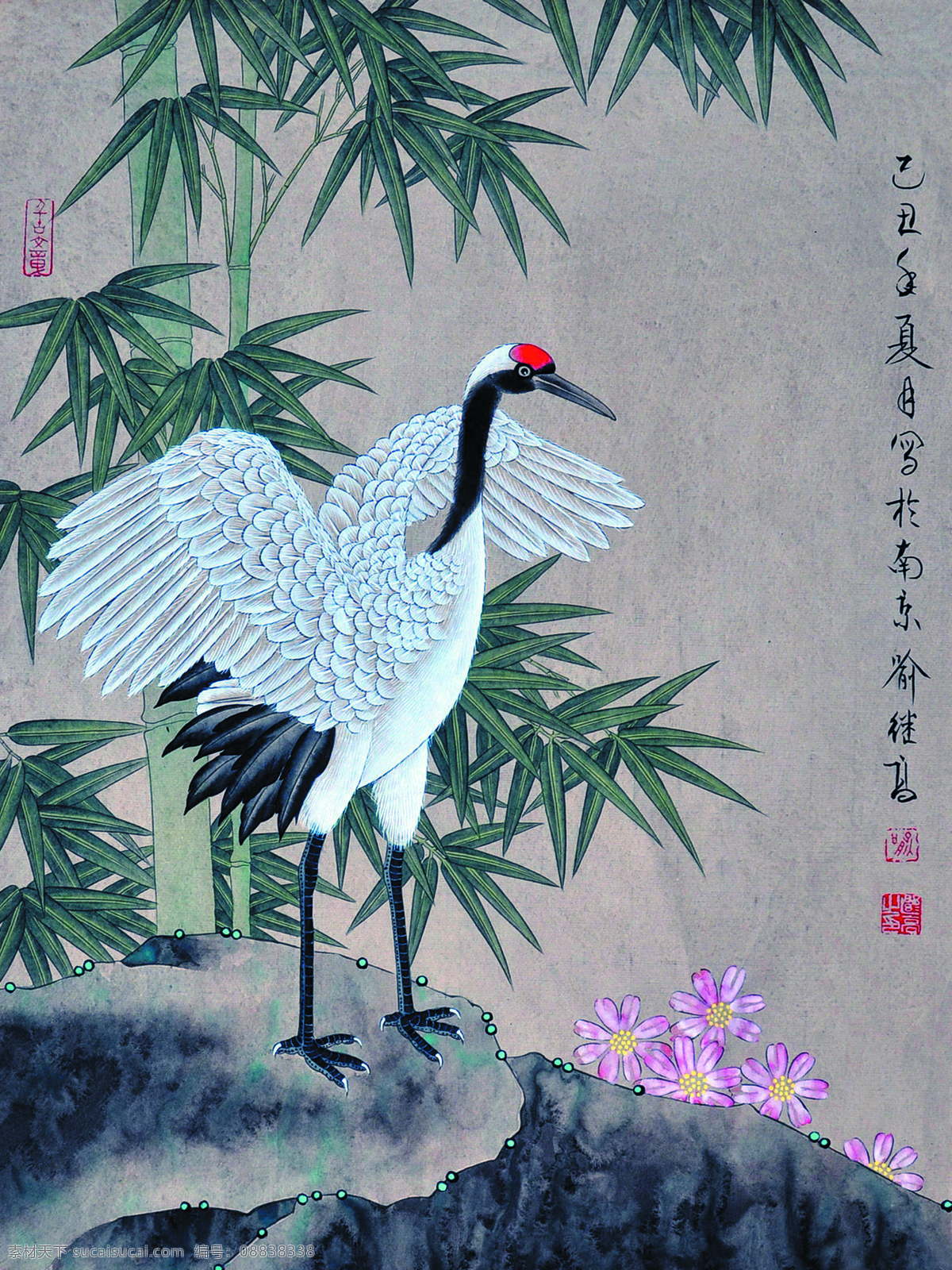 竹鹤图 美术 中国画 工笔画 白鹤 竹子 石头 喻继高国画 文化艺术 绘画书法