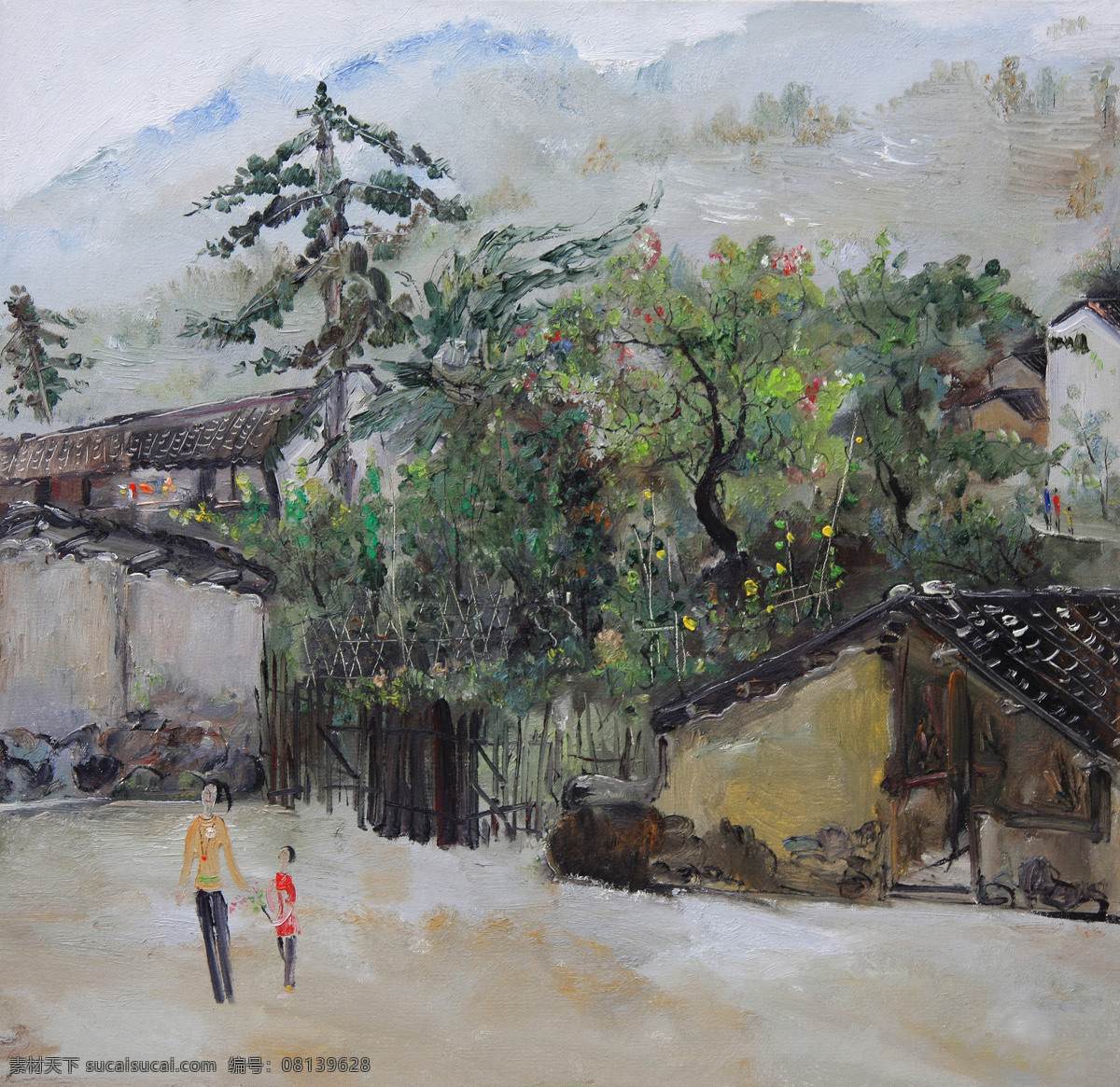 村庄 房屋 风景 绘画书法 美术 女人 山坡 乡间小景 油画 乡村 树木 油画艺术 油画作品48 文化艺术