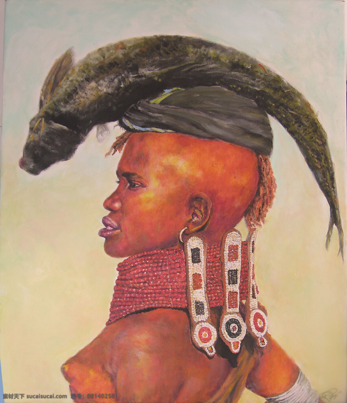 顶 鱼 黑人 女子 绘画书法 文化艺术 油画 顶鱼 大鱼 头顶 家居装饰素材