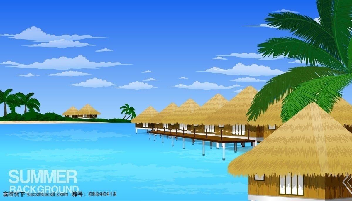 夏天风景素材 插画 卡通 背景 海洋 大海 小岛 椰树 房子 木屋 蓝天 白云 休闲 度假 草丛 沙滩 夏天 分层 源文件