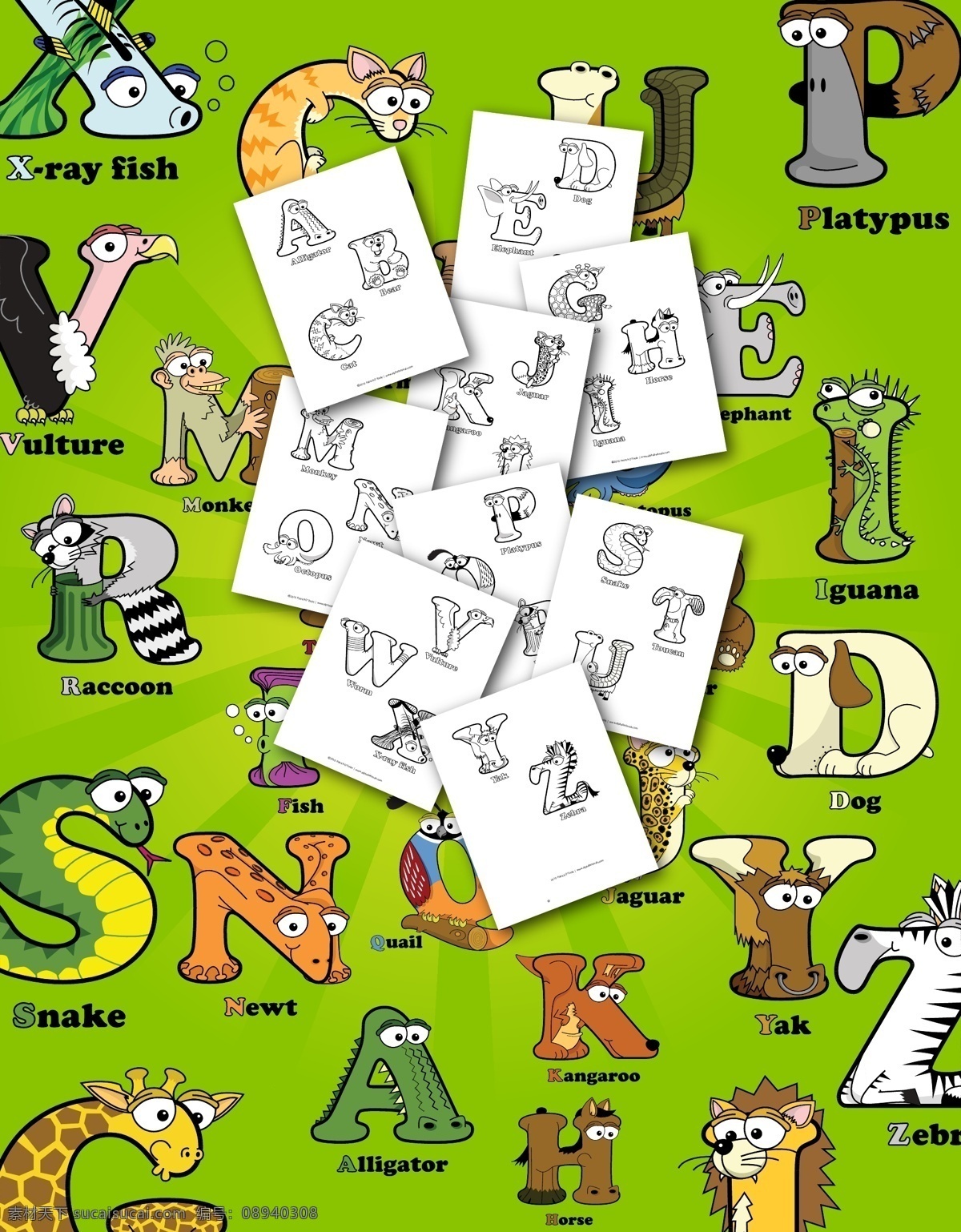 26个字母 26字母 斑马 大象 动物 鳄鱼 老虎 猫 字母 矢量 模板下载 字母设计 蛇 马 蜥蜴
