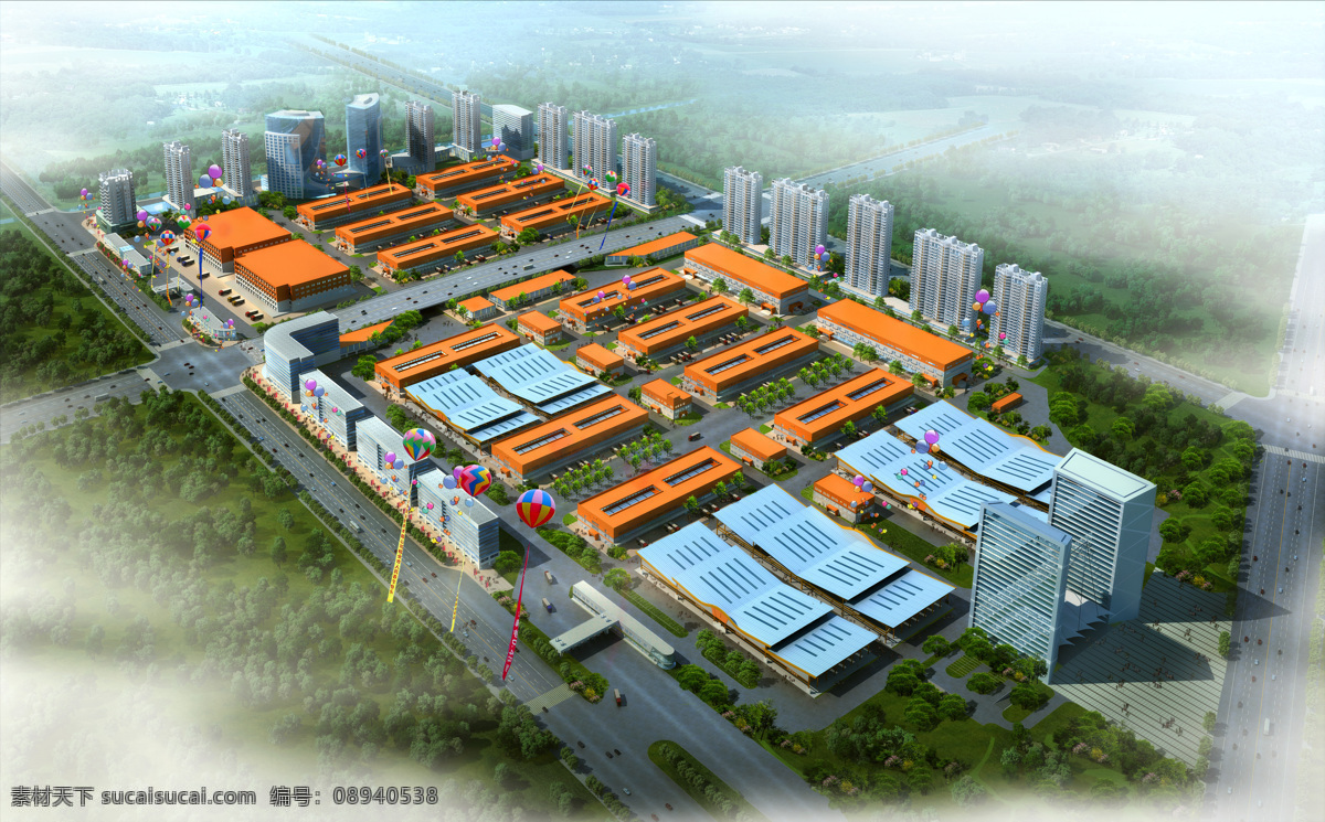 高楼大厦 环境设计 建筑设计 建筑图 绿化树木 氢气球 效果图 南通 农副产品 物流 中心 设计素材 模板下载 物流中心