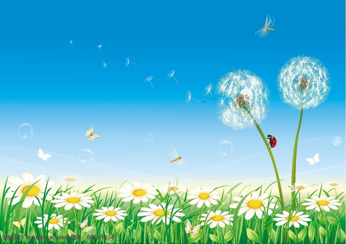 矢量 蓝天 白云 花丛 背景 春天 大自然 花朵 绿草 绿树 绿叶 矢量图 其他矢量图