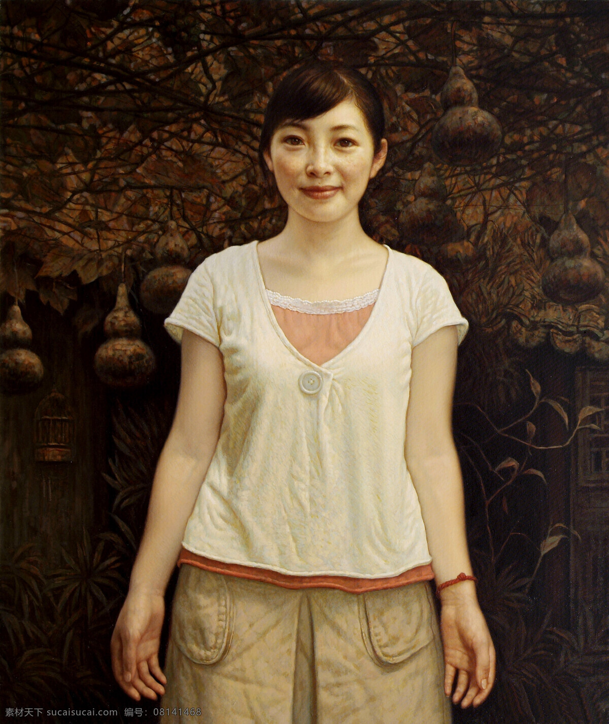 表情 动作 发型 姑娘 葫芦 绘画 绘画书法 美术 有葫芦的庭院 油画 现代油画 人物画 女人 女子 女青年 姿势 油画艺术 油画作品10 文化艺术 家居装饰素材