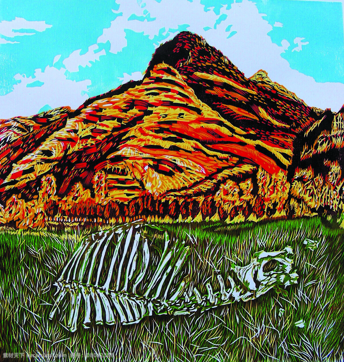 版画 草地 绘画书法 绿草 美术 山岭 文化艺术 化石 设计素材 模板下载 草地化石 动物化石 版画艺术 版画专集