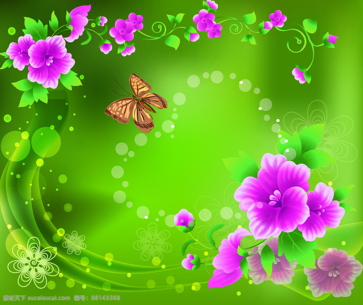 梦幻花纹 绿色背景 粉色花 蝴蝶 梦幻 艳丽 心形花 底纹边框 背景底纹