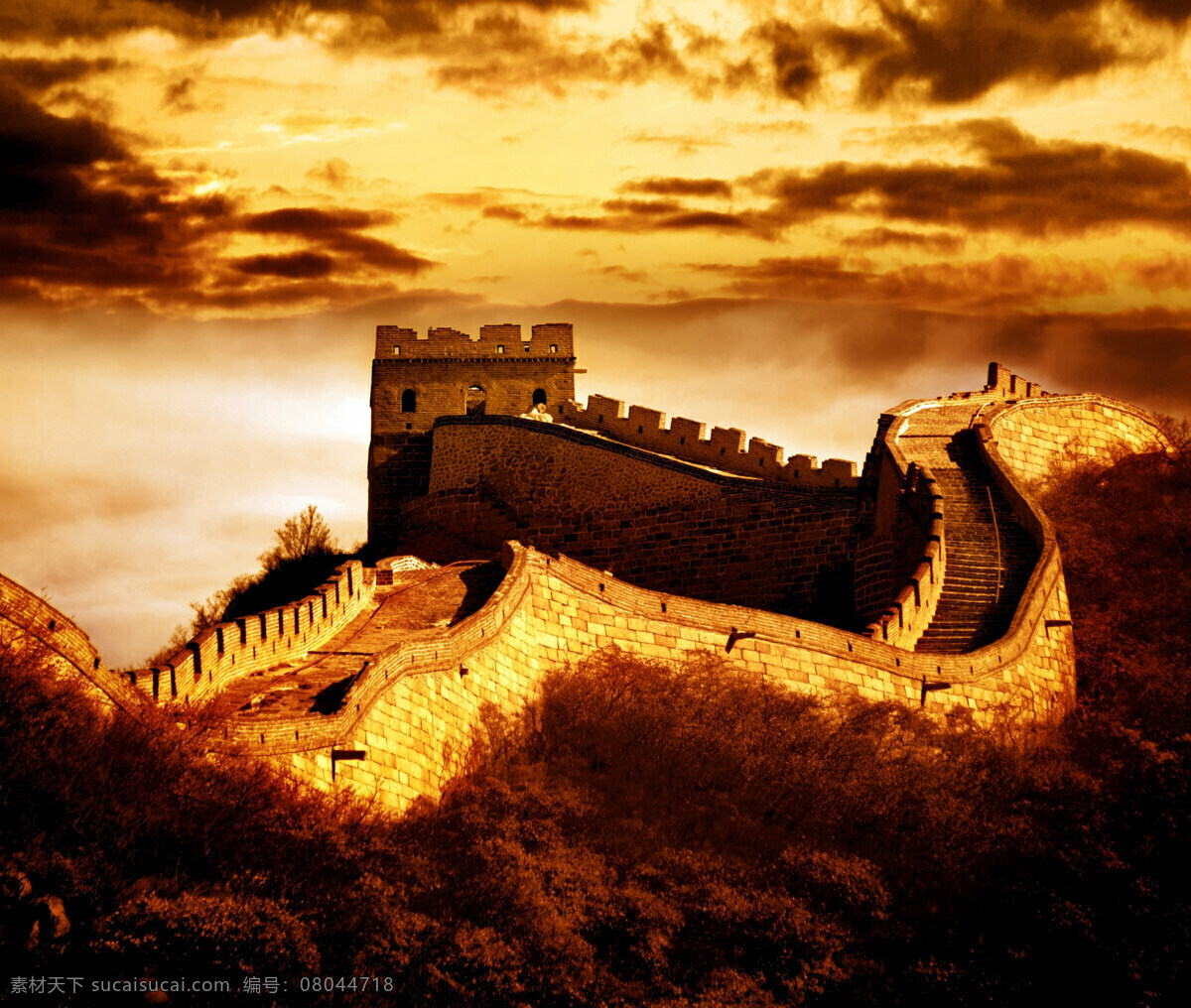 万里长城 金色背景 旅游景点 名胜古迹 背景图片