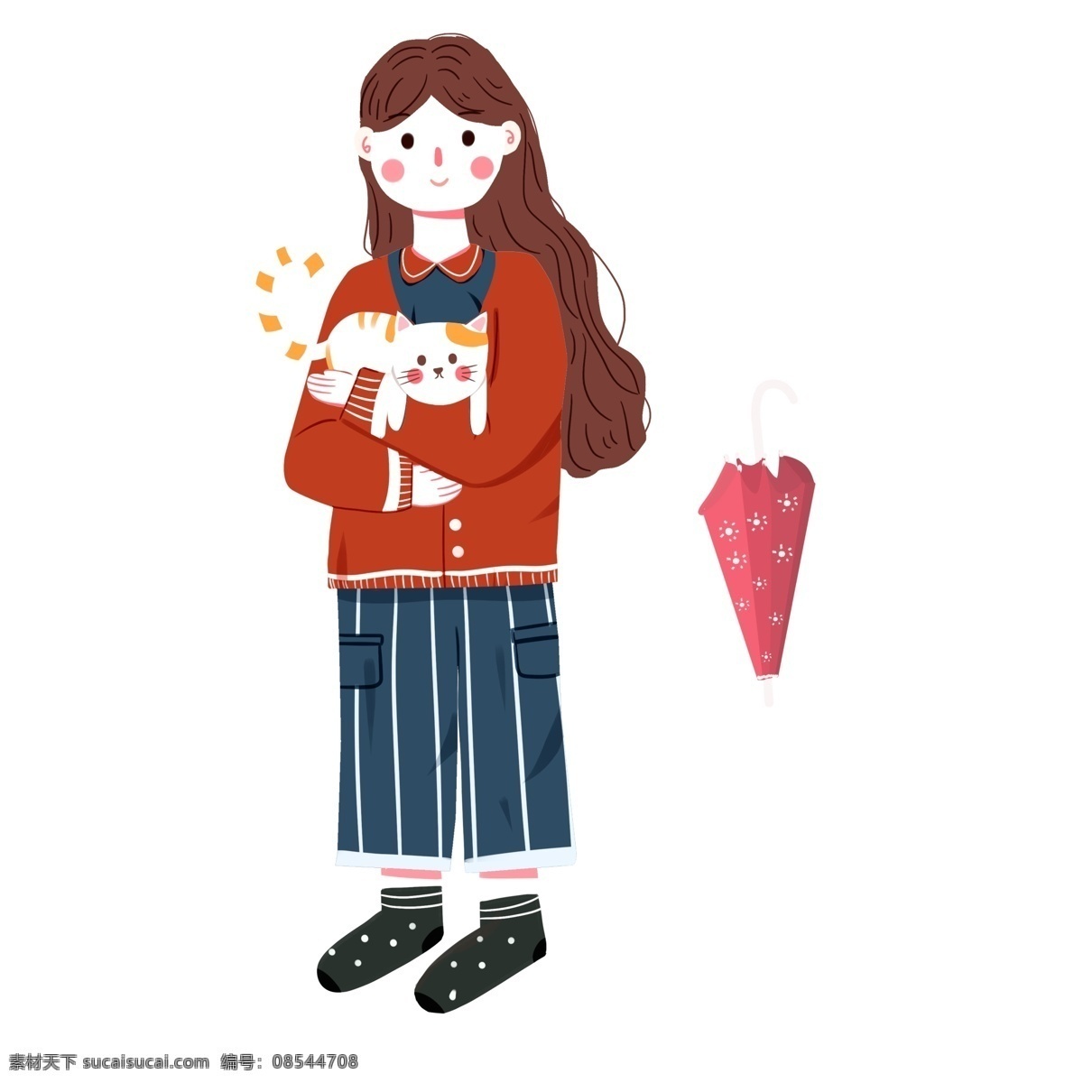 卡通 治愈 系 抱 猫咪 女孩 治愈系 插画 温馨场景 女生 人物