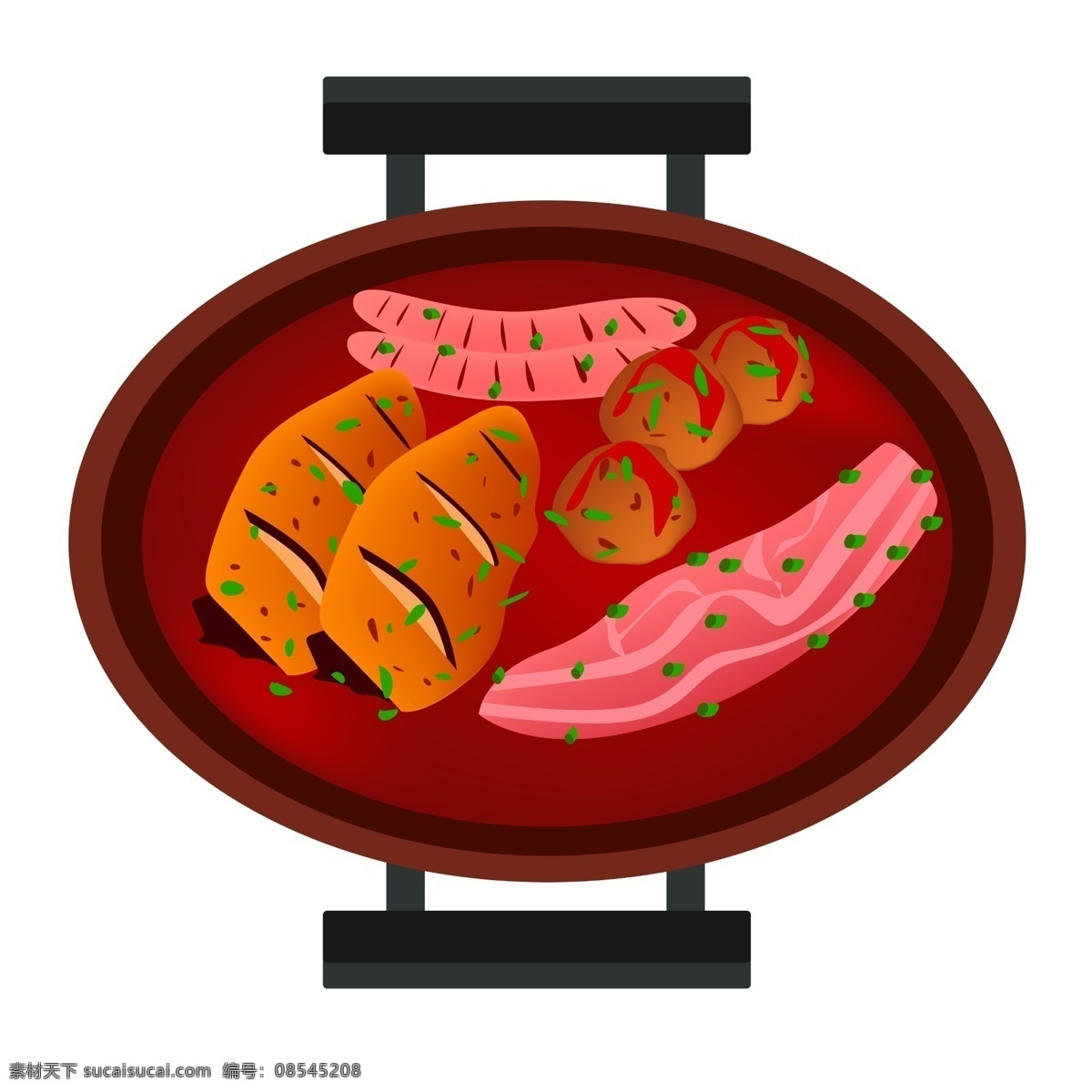 美味 烧烤 火锅 插画 美味烧烤 火锅插画 烤肠 肉类 食物 美食 香辣火锅 美食火锅 食物插图