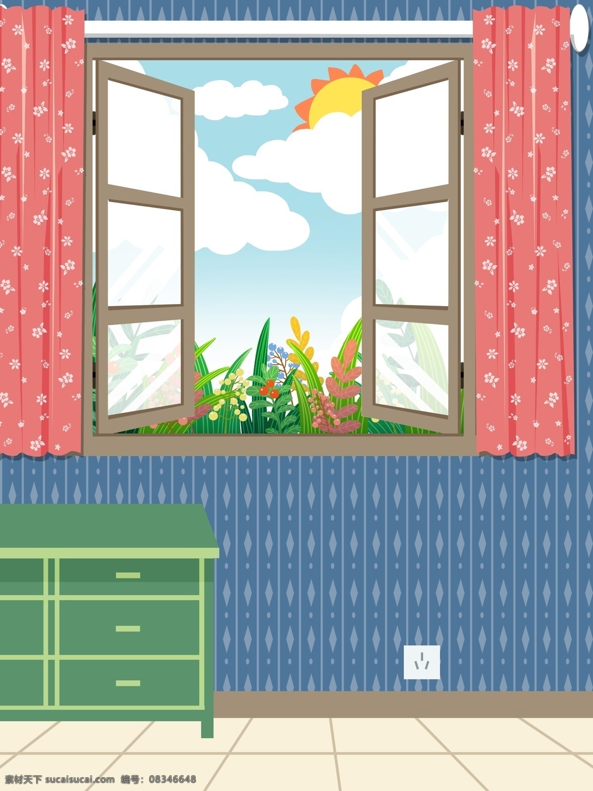 清新 室内 房屋 窗子 插画 家具 卡通 彩色 创意 装饰 背景 设计背景 海报背景 简约 图案