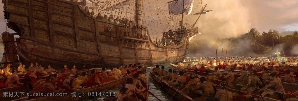 古代战船 战船 龙舟 船 人物 战士 船舶 唯美 高清壁纸 文化艺术 传统文化