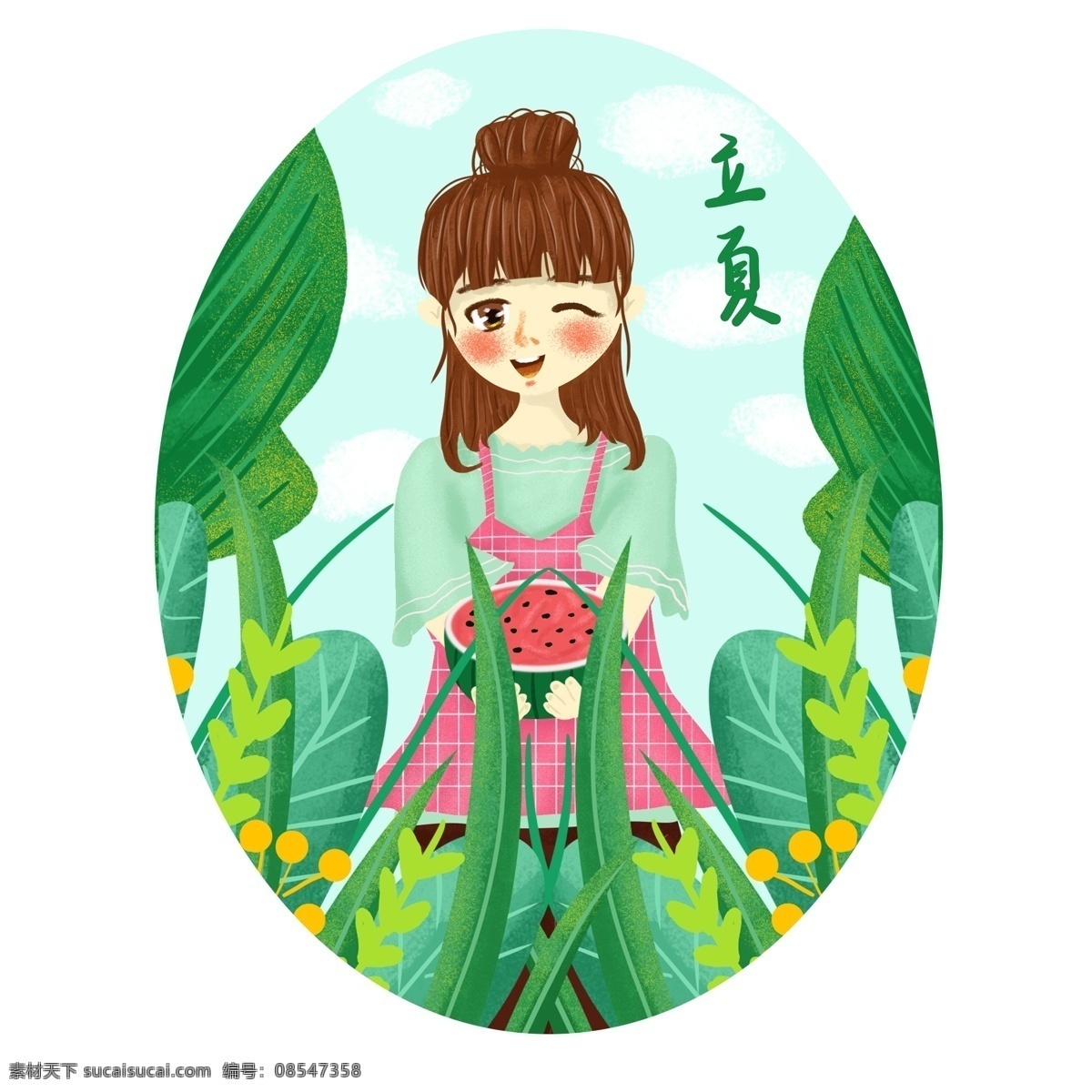 手绘 清新 立夏 场景 元素 立夏场景 女孩捧西瓜 立夏场景元素