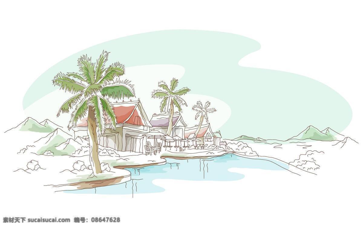 海边 城市 别墅 海边城市 手绘 椰子树 文化艺术