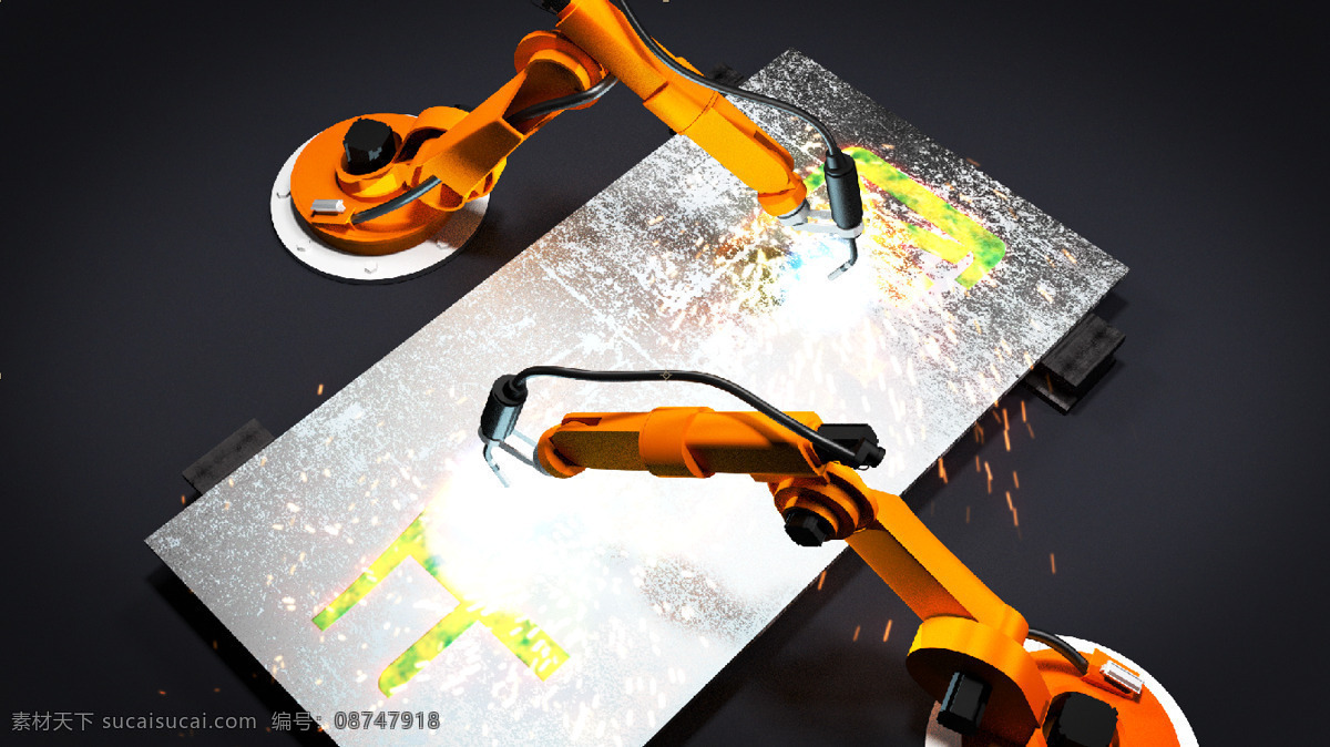 机器人 手臂 焊接 雕刻 钢铁 文字 logo 展示 黄色 火花 大理石 刻字 电焊
