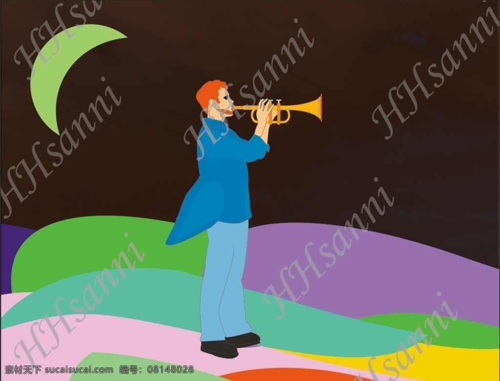 吹 小号 人物 吹小号 多彩矢量 人物插画 星空 沙漠 文化艺术