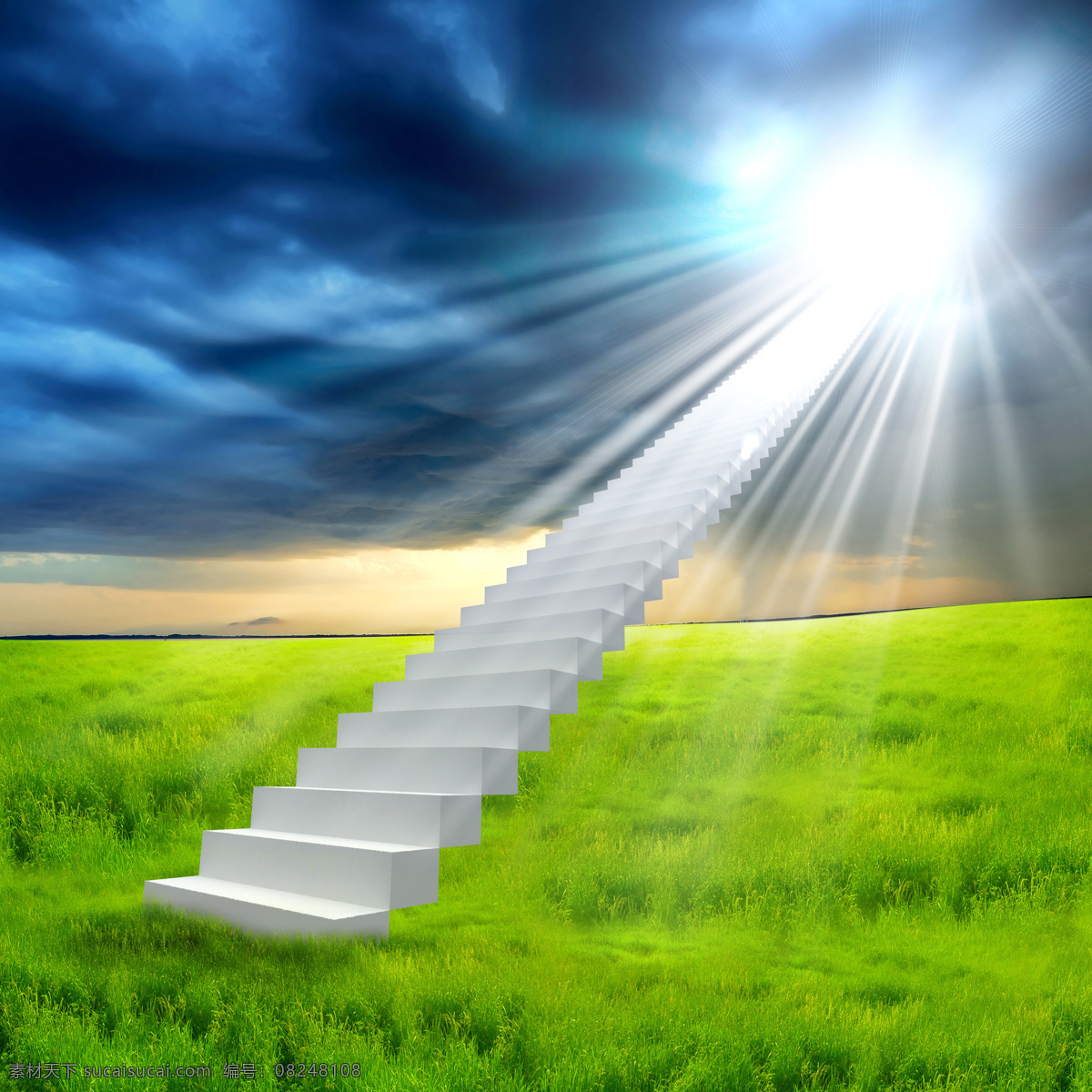 通向 天堂 阶梯 天空 捷径 通道 创意 抽象 天空之路 草地 草丛 阳光 光芒四射 光芒 楼梯 梯子 石凳 高清图片 天空图片 风景图片